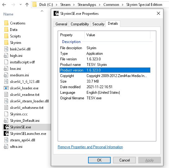 Properties, Details, Product Version of SkyrimSE.exe