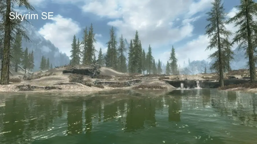 Broken water reflections of Skyrim Special Edition